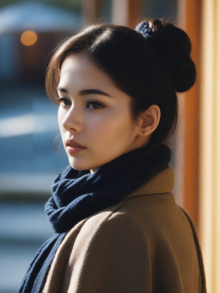 1girl, solo, black hair, brown eyes, upper body, hair bun, scarf, depth of field, blurry background, realistic <lora:newsdxl-000020:.7>