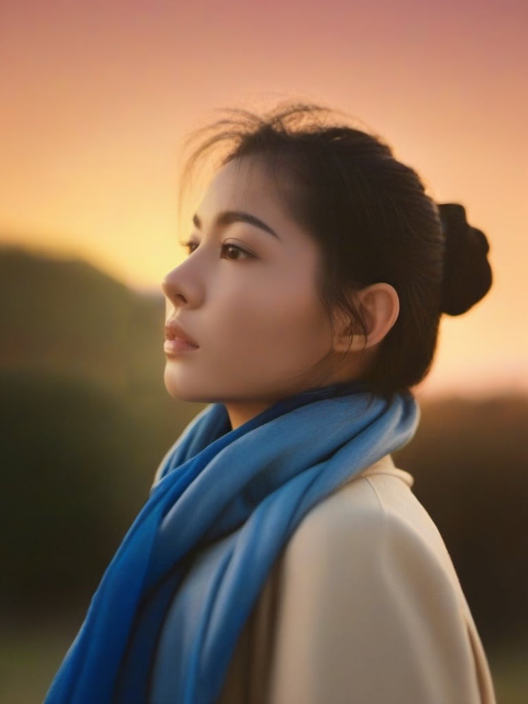 1girl, solo, photo, black hair, brown eyes, portrait, looking at viewer, hair bun, scarf, depth of field, realistic, sunset, golden hour,  <lora:newsdx:1.2>