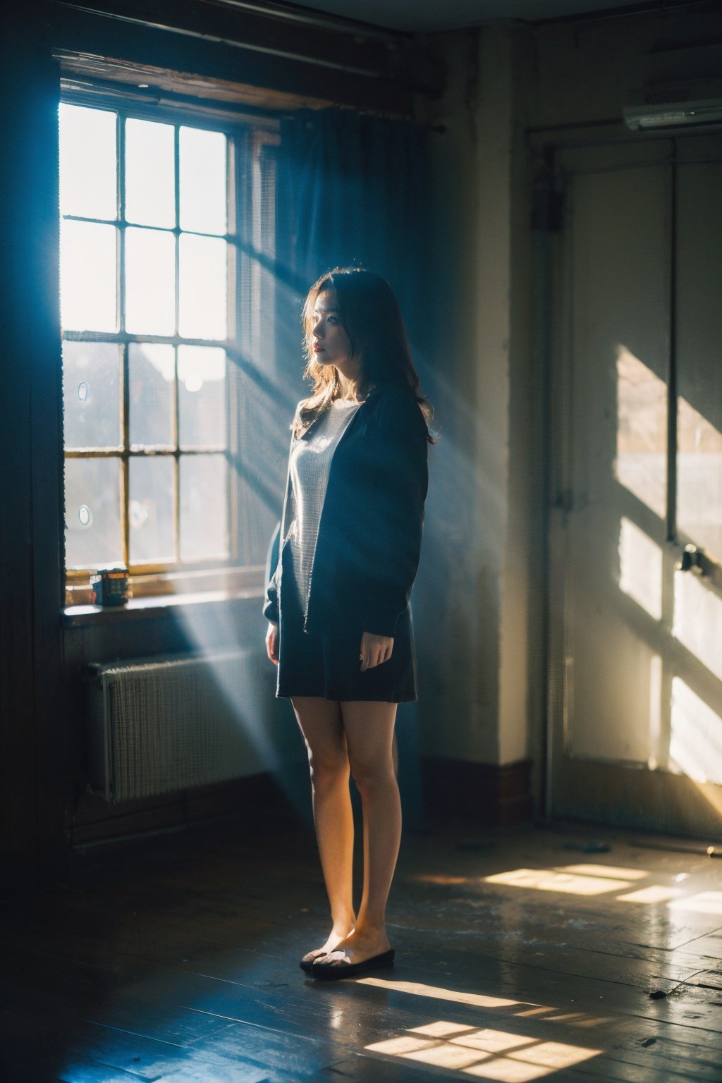 Best Quality,Masterpiece,Ultra High Resolution,(Realisticity:1.4),Original Photo,Cinematic Lighting,1Girl,full body,light rays,Tyndall effect,indoor,window, <lora:Tyndall effect_Light v1.1:0.6>,