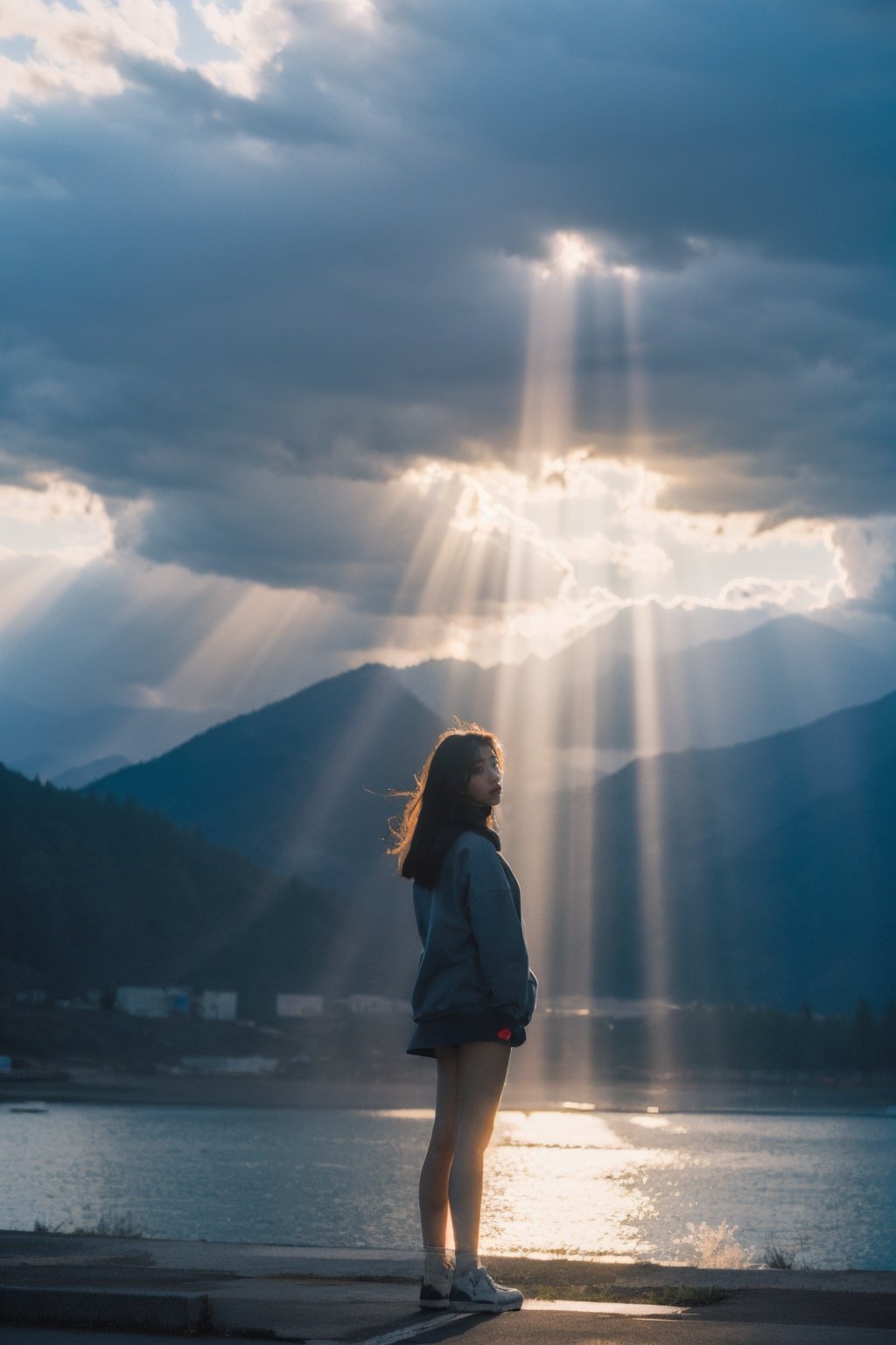 Best Quality,Masterpiece,Ultra High Resolution,(Realisticity:1.4),Original Photo,Cinematic Lighting,1Girl,full body,light rays,Tyndall effect,outdoor,cloud,<lora:Tyndall effect_Light v1.1:0.6>,