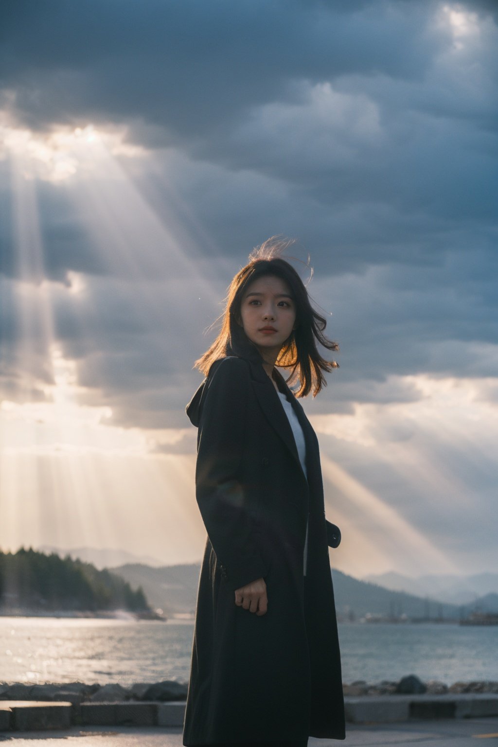 Best Quality,Masterpiece,Ultra High Resolution,(Realisticity:1.4),Original Photo,Cinematic Lighting,1Girl,full body,light rays,Tyndall effect,outdoor,cloud,<lora:Tyndall effect_Light v1.1:0.6>,