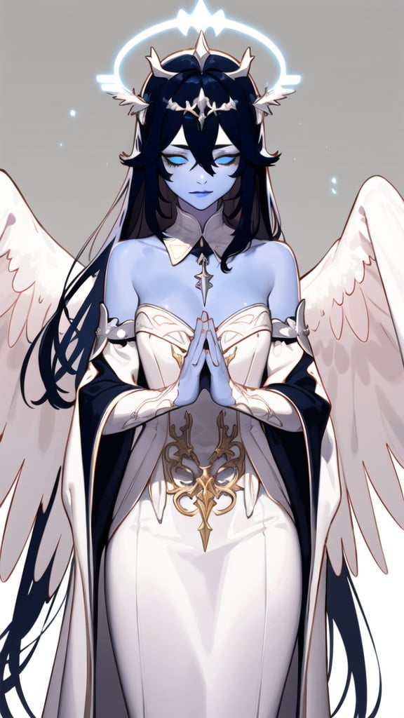 (best quality), ((masterpiece)), (highers), original, extremely detailed CG unity 8k wallpaper,(white is maincolor:1.5),meture female,lady,1 girl,cowboy shot, indigo hair, indigo lips,indigo eyeshadow,closed eyes, indigo tear stains,small breasts,angel wings, hood,symmetry,  long hair, halo, dress, own hands together, bare shoulders, white dress, angel wings,  detached sleeves, angel, hair between eyes, closed mouth, feathered wings, bangs, wide sleeves, glowing, long sleeves, jewelry, strapless, strapless dress, detached collar, very long hair, standing, praying, laurel crown,  <lora:fat10kg_mix_style:1>