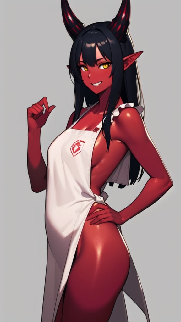 (best quality), ((masterpiece)), (highers), original, extremely detailed CG unity 8k wallpaper,(gray background:1.2),cowboy shot,meture female,1girl,standing,black hair,straight hair, (Crimson skin:1.5),yellow eyes,large breasts,small horns, grin,hand on hip,black apron,thong,bare arms， <lora:fat10kg_mix_style:1>