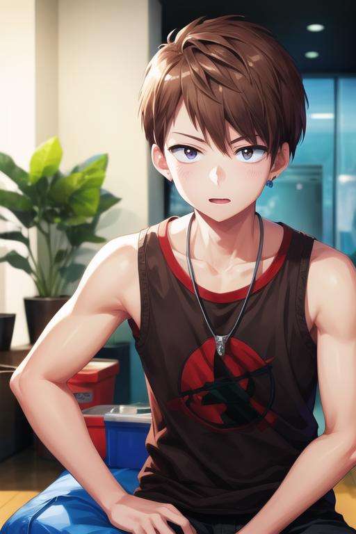 masterpiece, best quality, illustration, 1boy, solo, male focus, looking at viewer, , depth of field, <lora:ryuuya_romantic_killer:0.66>, ryuuya_romantic_killer, brown hair, , tank top,