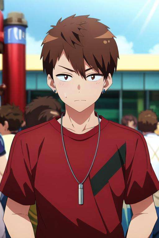 masterpiece, best quality, , 1boy, solo, male focus, looking at viewer, upper body, depth of field, <lora:ryuuya_romantic_killer:0.66>, ryuuya_romantic_killer, brown hair, jewelry, necklace, track suit,