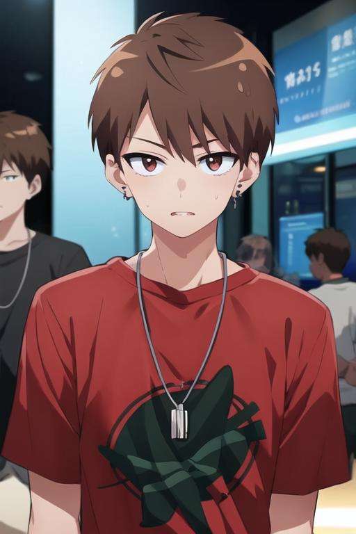 masterpiece, best quality, , 1boy, solo, male focus, looking at viewer, upper body, depth of field, <lora:ryuuya_romantic_killer:0.72>, ryuuya_romantic_killer, brown hair, jewelry, necklace, shirt,