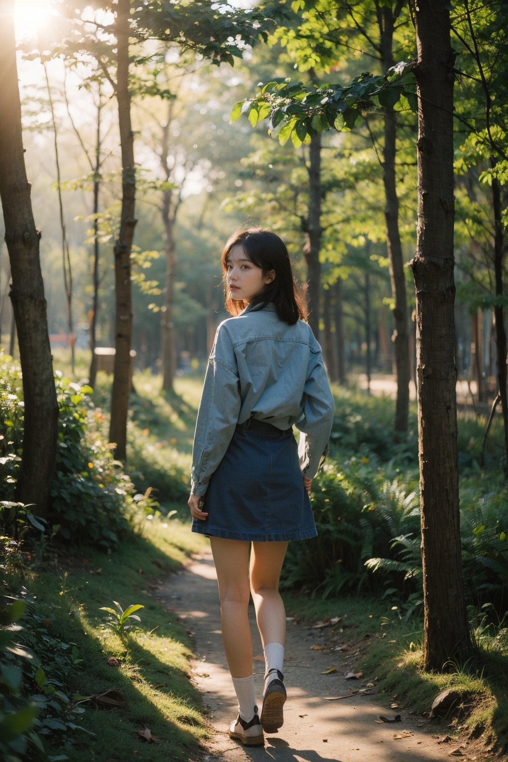 Best Quality,Masterpiece,Ultra High Resolution,(Realisticity:1.4),Original Photo,Cinematic Lighting,1Girl,full body,forest,sunshine,backlighting,