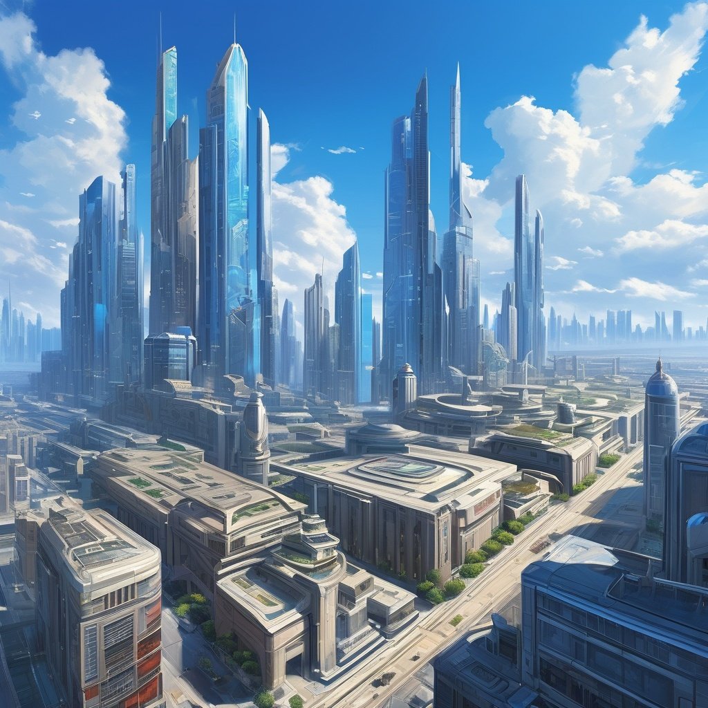 masterpiece,best quality,beautifully painted,highly detailed,ultra high res,scence,buildings,scenery,sky,no humans,outdoors,building,day,blue sky,science fiction,city,cityscape,  <lora:sdxl_sdxl-000058:0.4>