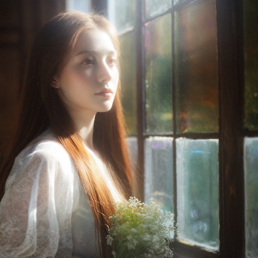 1girl,(church:1.2),(look looking at viewer:1.3),(colorful glass:1.5),(the world of glass:1.3),dingdall effect,fog,sunlight exposure,(sunlight through the hair:1.3),long hair,white skin,<lora:DetailedEyes_xl_V2:1>,<lyco:neg4all_bdsqlsz_xl_V7:1>,<lora:SDXL_Overlighting:0.5>,