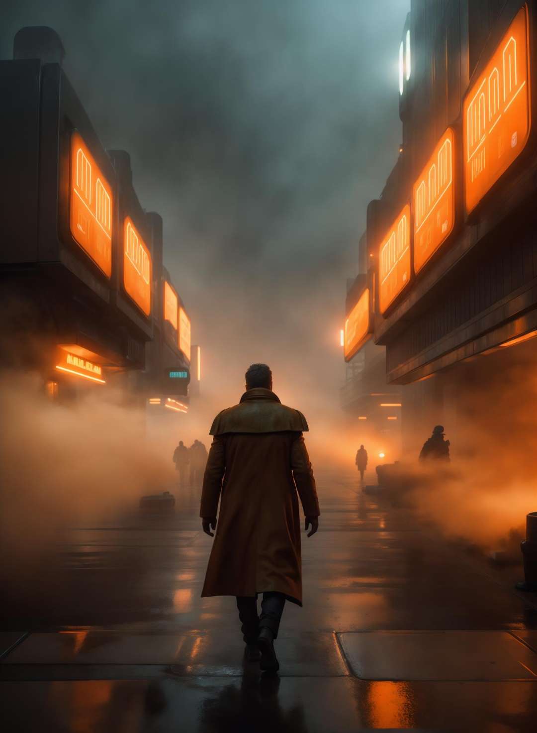 Man with coat coming toward from orange fog, orange dirt ground, blade runner 2049 directed by Denis Villeneuve, realistic, high detail coat, high detail atmosphere, fog light, low light, ultra wide shot, far shot, Hasselblad xpan, 120mm lens, 4k