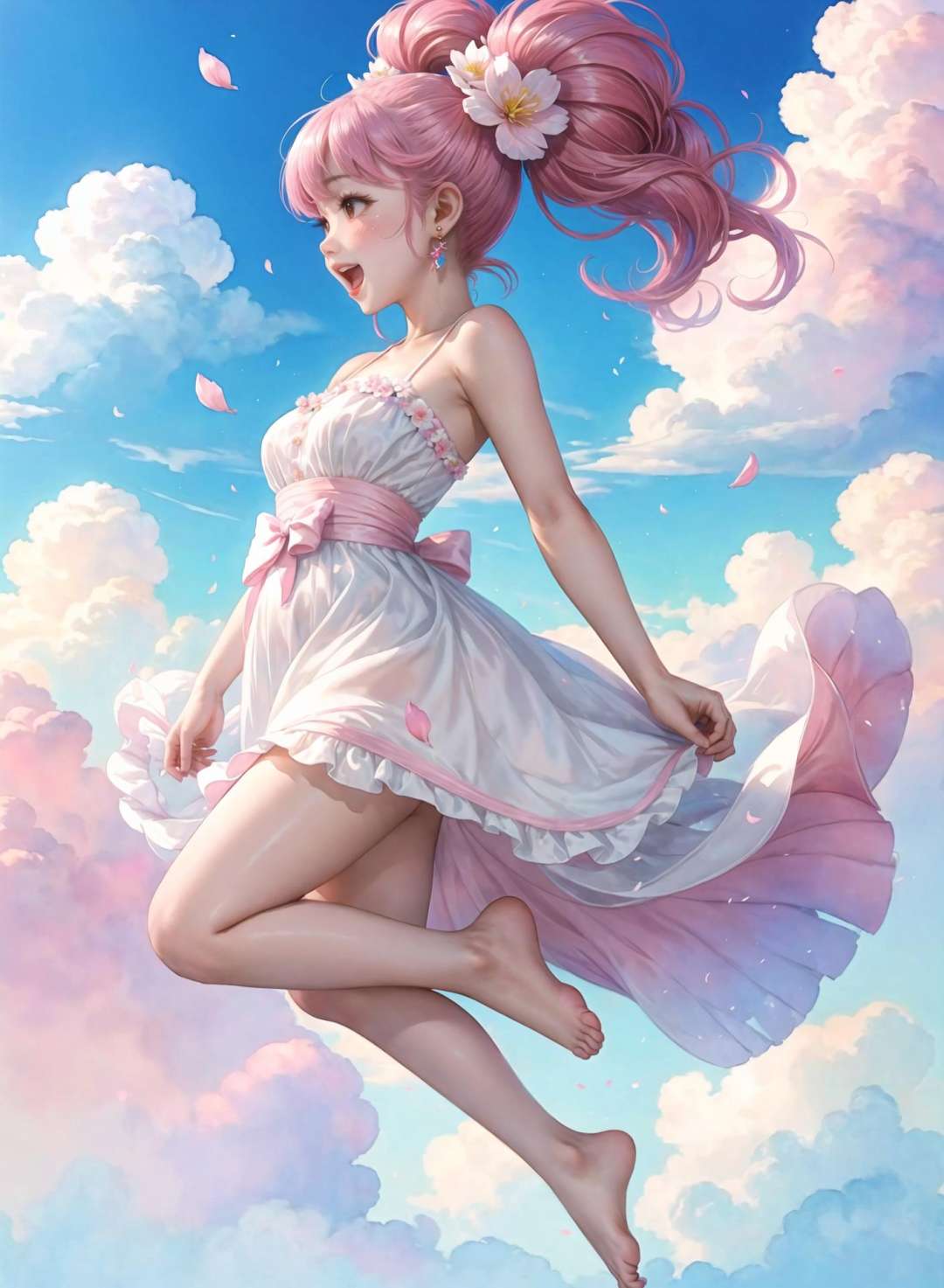 watercolor, masterpiece, best quality, high resolution, asain girl, full body, profile, solo, beautiful face, pink and long hair, earrings, hair ornament, white dress, bow, twintails, open mouth, smile, bare shoulders, medium breasts, flying, bare and bent legs, without shoes, flowers, petals, colorful, gorgeous clouds