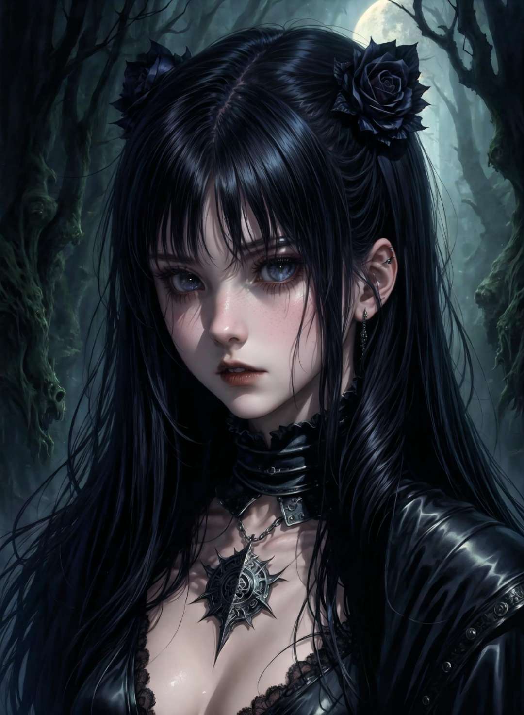 a goth girl, portrait, upper body, horror vibe, by Luis Royo