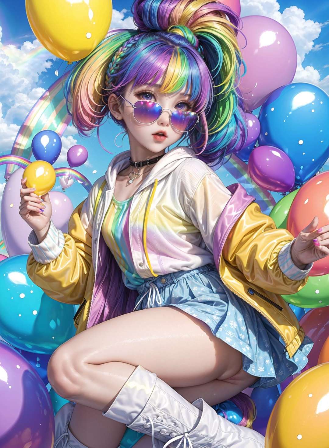 masterpiece, best quality,1 girl, pretty and cute, (rainbow color Highlight Hair,colorful hair:1.4), wearing blue and purple sunglasses, yellow jacket with white pattern, white sweater, many colored balloons, doll face, ponytail braid, perfect detail eyes, delicate face, perfect cg, HD quality, colored balloons, sky ,black boots