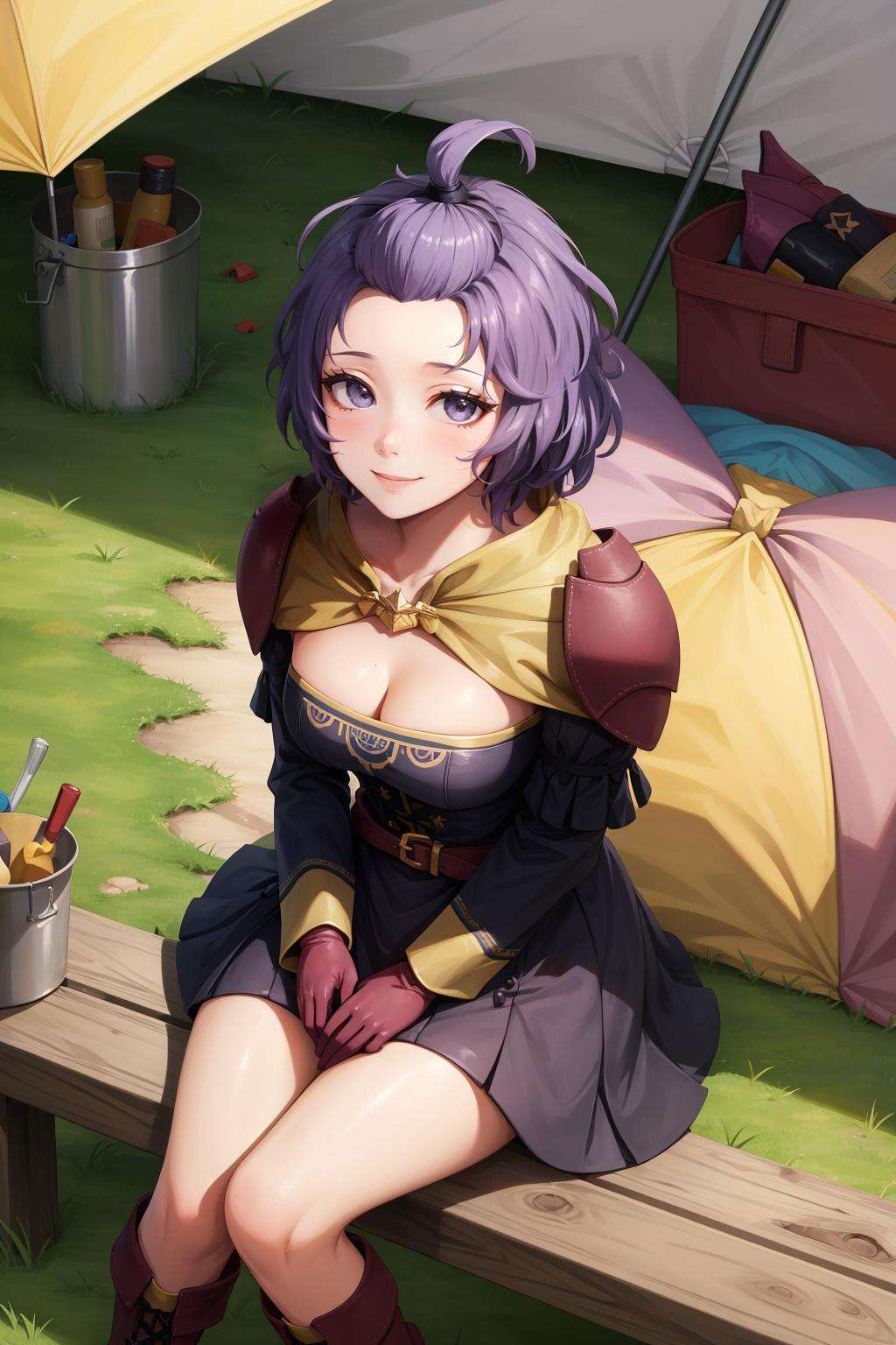 masterpiece, best quality, hopesBernie, topknot, purple dress, cleavage, purple gloves, purple boots, sitting, tent, camp, looking up, from above, smile <lora:bernadetta-nvwls-v2-000012:0.8>