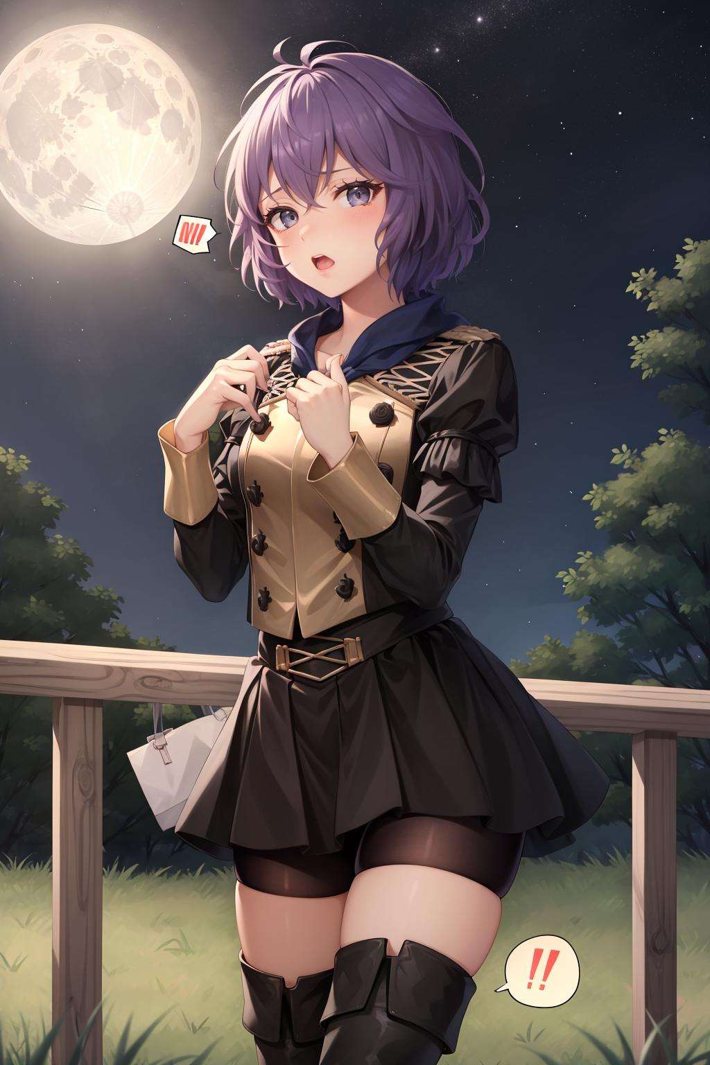 masterpiece, best quality, defBernie, black jacket, black skirt, spandex shorts, thigh boots, standing, looking at viewer, upper body, shocked, spoken exclamation mark, night, moon, trees <lora:bernadetta-nvwls-v2-000012:0.8>