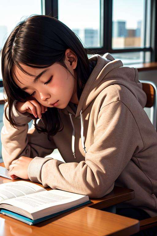 girl,leaning_on_hand, desk, sleeping, hoodie, masterpiece, detailed, high quality, warm_colors, grainy