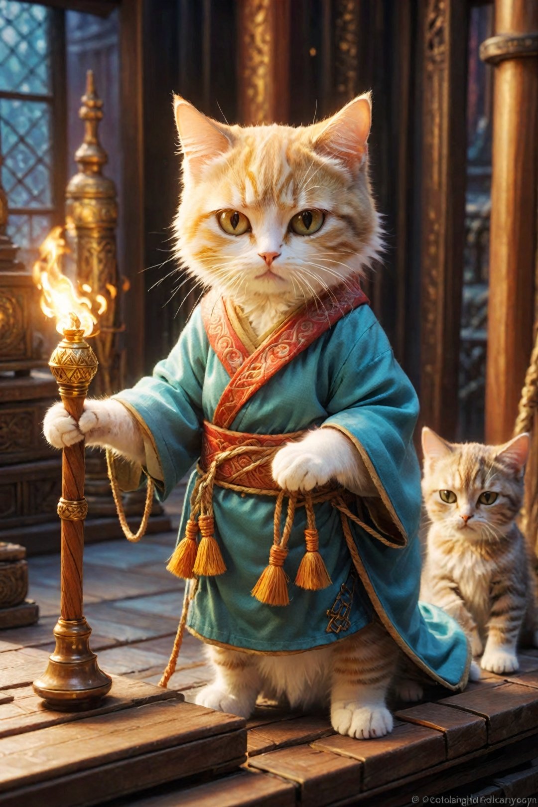 An enchanting image featuring an adorable kitten mage wearing intricate ancient robes, holding an ancient staff, hard at work in her fantastical workshop, intricate runic symbols swirling around her, it's clear that she's busy casting a powerful spell. Her fluffy tail sways gently as she concentrates on the task at hand, adding to the whimsical atmosphere of this magical scene. The soft lighting and detailed surroundings create an immersive environment where imagination runs wild. This charming artwork is sure to delight fans of both kittens and fantasy worlds alike, transporting them into a realm filled with wonder and possibility, hyper-detailed, high quality visuals, dim Lighting, ultra-realistic, sharply focused, octane render, 8k UHD
