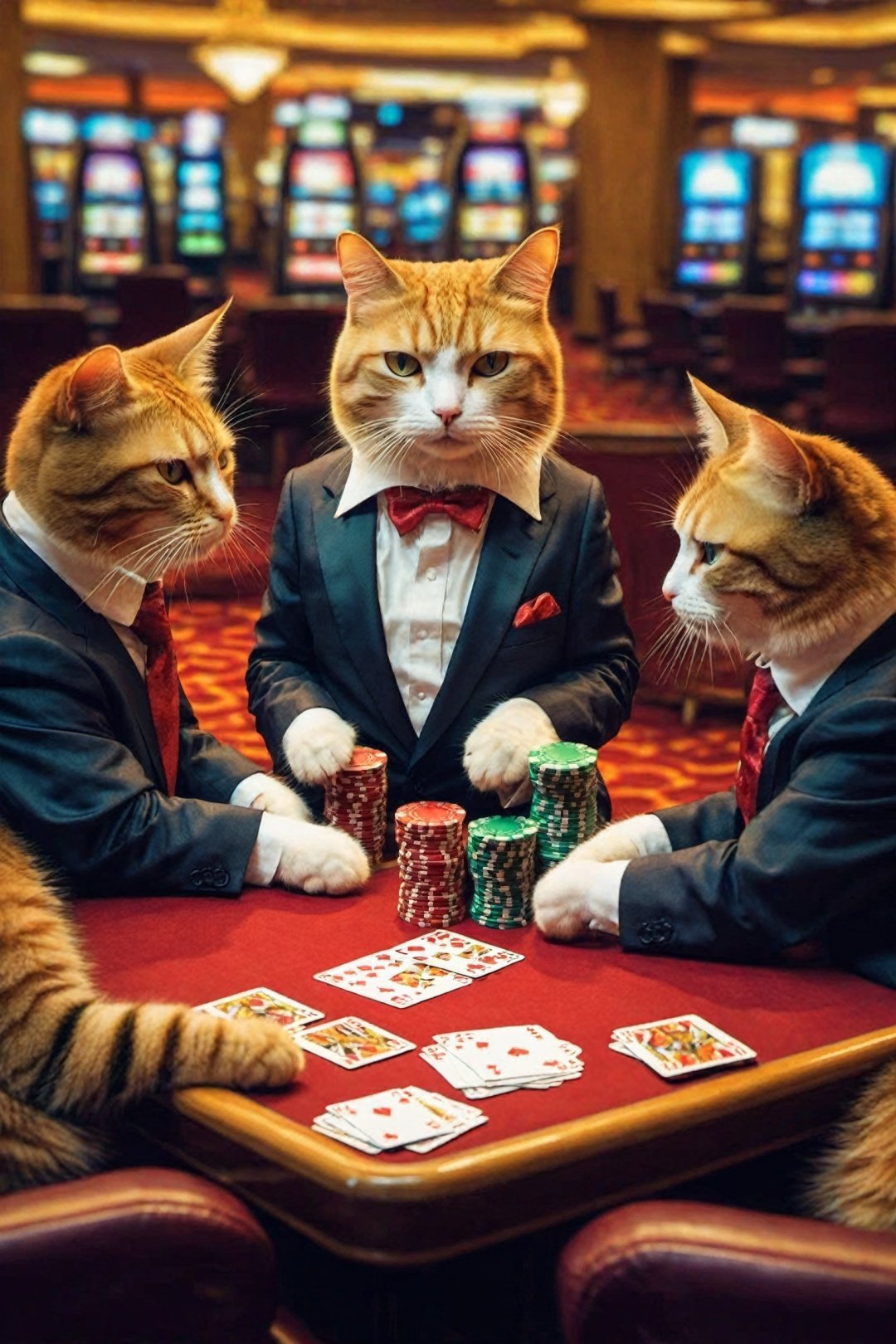 Simulated movie style, a group of cats in suits playing cards at a Las Vegas casino, HDR, detailed animal focus

