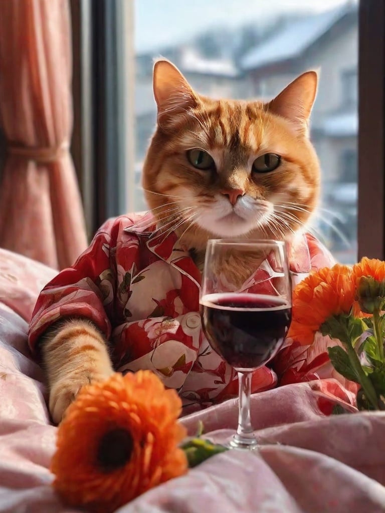 Cat lying in bed ready to wake up, red wine, handsome eyes, pajamas, comfortable bedroom, snow outside the window, transparent curtains, flowers, high-quality, realistic, realistic shadows, art photography, Nikon D850, 16K, clear focus,<lora:TravelingCatXL:0.7>