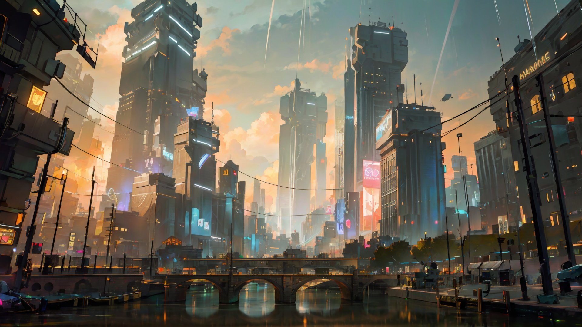 (((masterpiece))), ((extremely detailed CG unity 8k wallpaper)), best quality, high resolution illustration, Amazing, highres, intricate detail, (best illumination, best shadow, an extremely delicate and beautiful),

Cyberpunk Concept, scenery, cloud, no humans, city, building, reflection, sky, outdoors, cloudy sky, cityscape, water, science fiction, skyscraper, bridge, road, rain