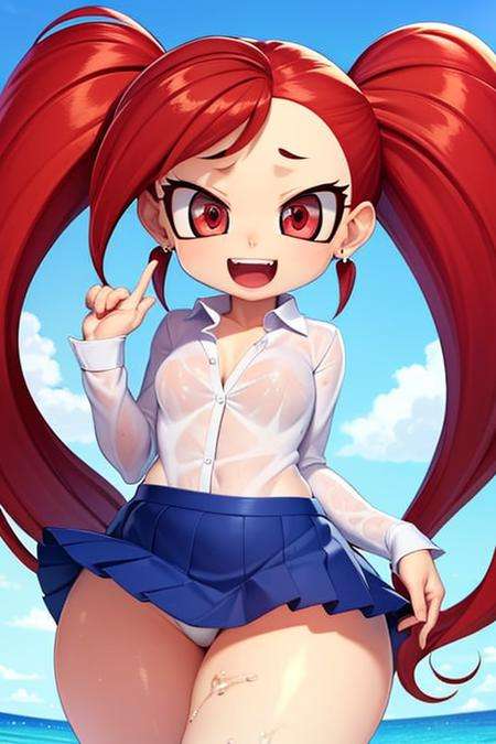 ultra-detailed, masterpiece, highest quality,shiny skin,wet skin,glossy skin,(la brava:1.5),mini skirt,pleated skirt,white shirt,school uniform,twin tails,red hair  ,long hair,smile,red eyes,,open mouth fangs,beach <lora:labrava2:1>