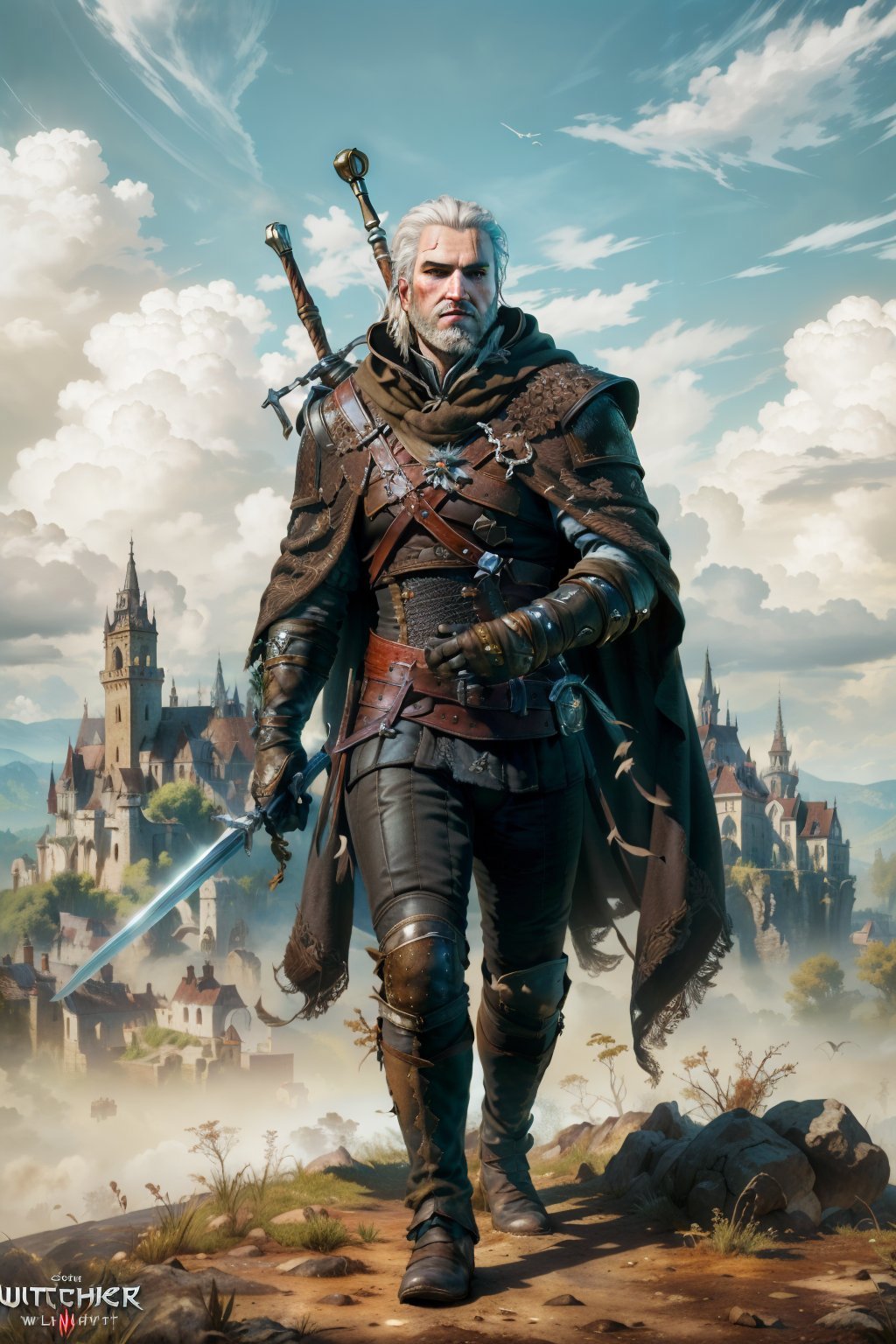 (masterpiece, top quality, best quality, official art, detailed:1.2), <lora:geraltW3-20:0.7>, geraldoW3, solo, gloves, holding, weapon, outdoors, sky, day, sword, cloud, cape, armor, facial hair, bird, grass, scenery, beard, fantasy, castle