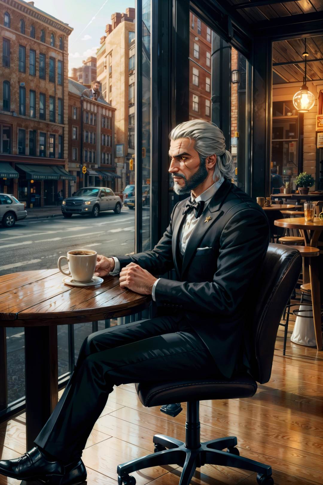 <lora:geraltW3-09a:0.6>, geralt_soul3142, 1man, beard, (tuxedo), bowtie, yellow eyes, sitting, chair, coffee, table, cafe, window, street, city, from side, <lora:add_detail:0.5>