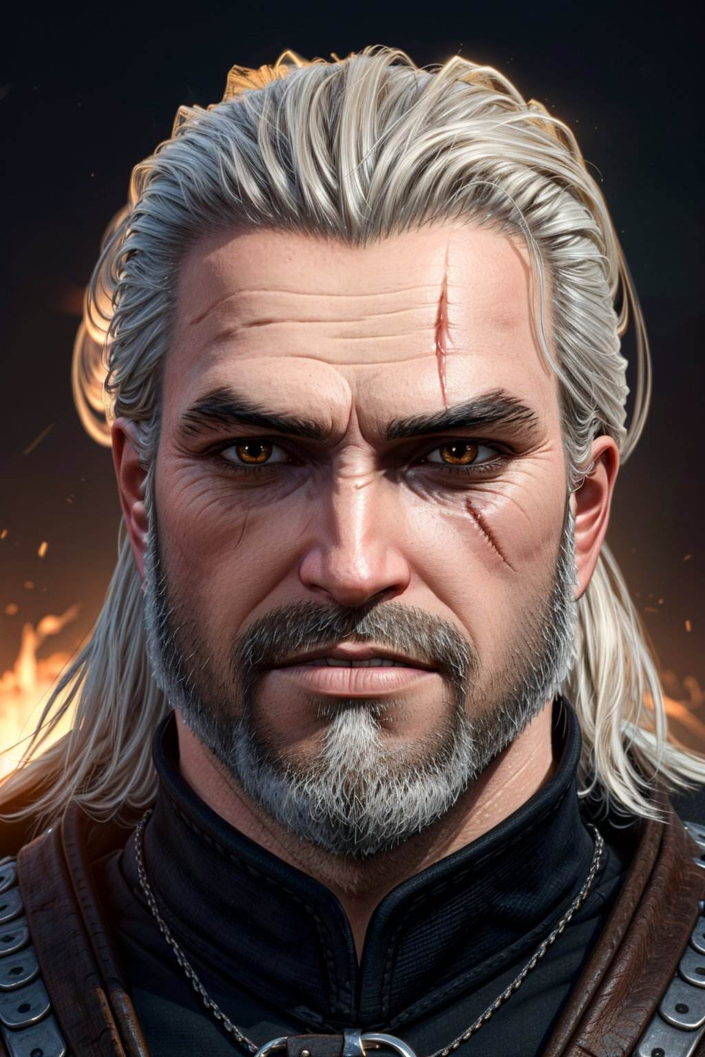 <lora:geraltW3-09a:0.6>, geralt_soul3142, slit pupils,  facial hair, scar across eye, portrait, beard, <lora:add_detail:0.5>, 