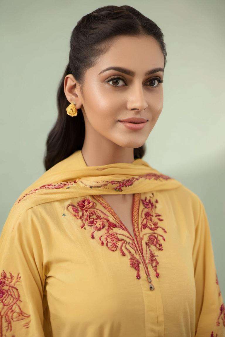 pakistani dress, (highly detailed:1.3), 1girl, solo, (full body:1.3), zig-zag pattern, nice hands, perfect hands, embroidery, 1girl, embroidery, yellow dress, shalwar, Ultra-detail, (highres:1.1), best quality, (masterpiece:1.3), cinematic lighting, (highly detailed face and eyes:1.3),, <lora:EMS-22938-EMS:1>