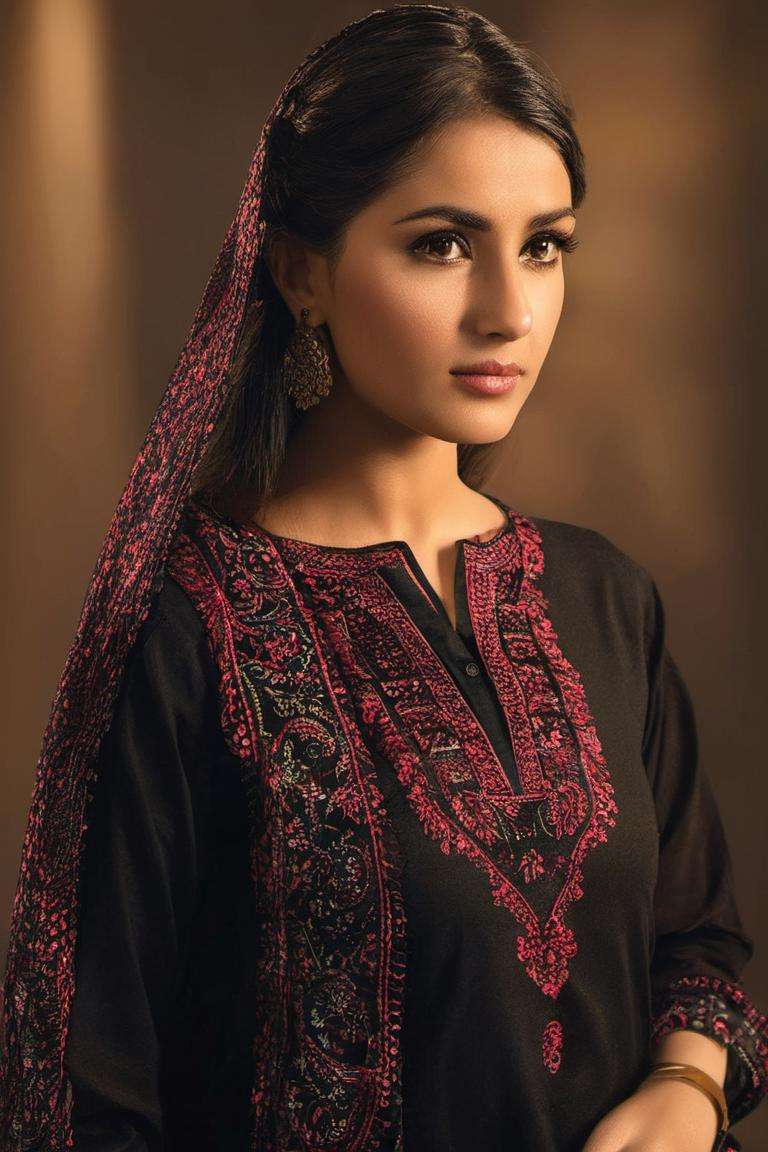 pakistani dress, (highly detailed:1.3), 1girl, solo, (full body:1.3), zig-zag pattern, nice hands, perfect hands, embroidery, 1girl, embroidery, black dress, shalwar, Ultra-detail, (highres:1.1), best quality, (masterpiece:1.3), cinematic lighting, (highly detailed face and eyes:1.3),   , <lora:EMS-22938-EMS:1>