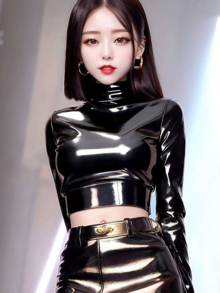 close-up portrait of yuna, black turtleneck topand a leather skirt, golden chain, (smiling:0.8), k-pop idol, red lips, slender body, standing in a nightclub, <lora:Yuna Itzy:0.7>