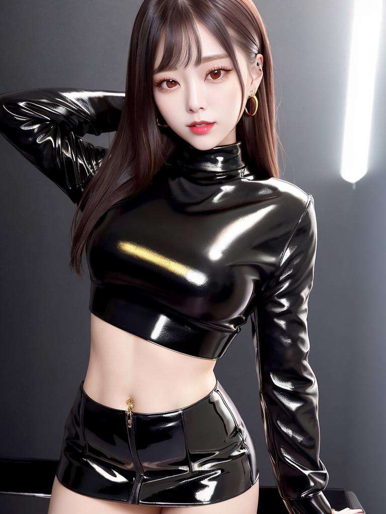 close-up portrait of yuna, black turtleneck topand a leather skirt, golden chain, (smiling:0.8), k-pop idol, red lips, slender body, standing in a nightclub, <lora:Yuna Itzy:0.7>