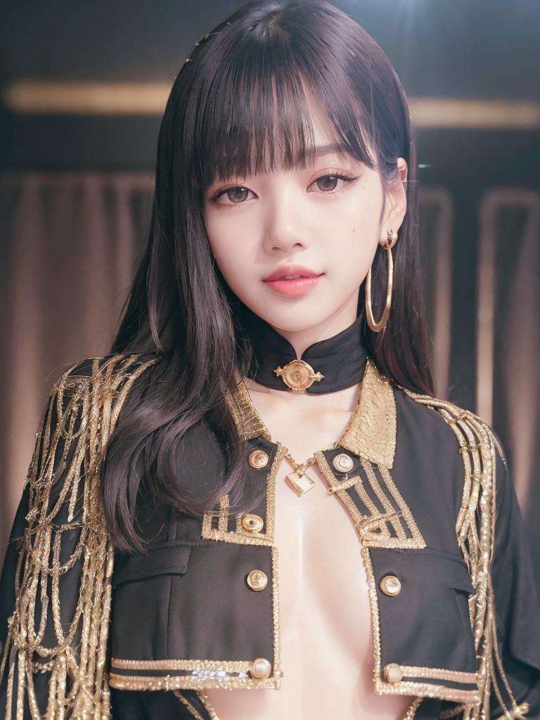 close-up portrait of Lisa Blackpink, (smiling:1.4), (buttoned black and gold blazer:1.3), black shirt,  k-pop Idol, contrapposto, best quality, ultra high res, (photorealistic:1.3), 1girl, small breasts, (in a nighclub:1.3),  beauty512, <lora:Lisa Blackpink:0.8> 