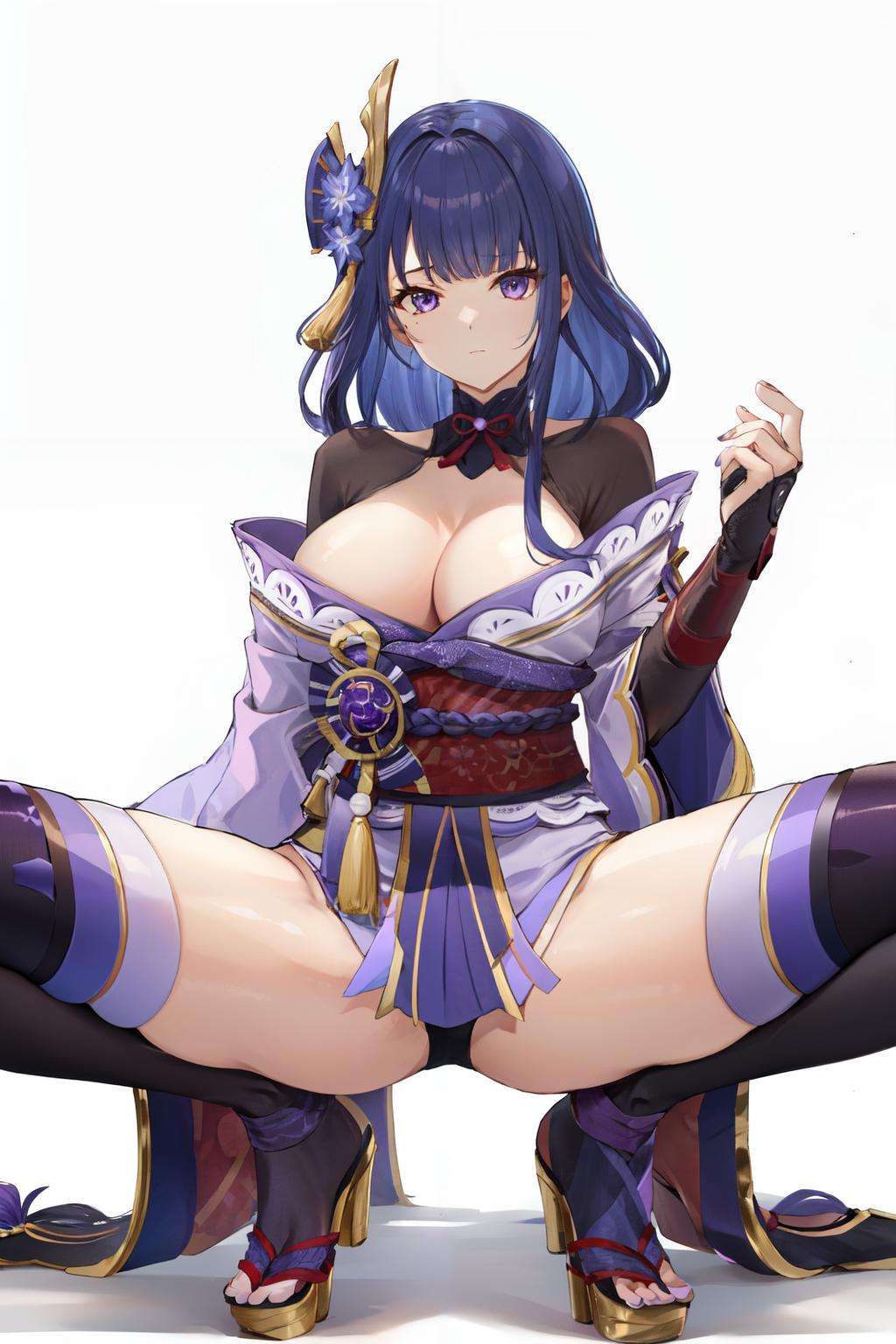 <lora:raiden-10:1>raiden shogun, 1girl, breasts, solo, purple hair, squatting, thighhighs, mole, purple eyes, large breasts, long hair, mole under eye, cleavage, braid, japanese clothes, looking at viewer, hair ornament, spread legs, kimono, sash, bangs, high heels, obi, thighs, bridal gauntlets, purple nails