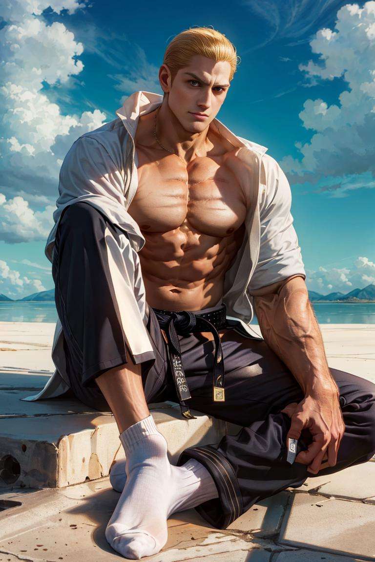 masterpiece, best quality, detailed, 1guy, 45y.o. , GeeseHoward, shirtless, red pants, black belt, white jacket, sunrise, backlighting:1.2, socks <lora:GeeseHowardV2-000004:0.9> mountains, sitting, highly detailed, high contrast , digital colors, bright colors black pants, perfect face, looking to viewer,  best quality, masterpiece, highres, perfect picture, highly detailed, high contrast , colored, bright colors