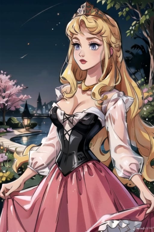 solo, Princess Aurora, long blond hair, blue eyes, pink lipstick, corset, ultra-detailed art illustration, sagging chest, background garden