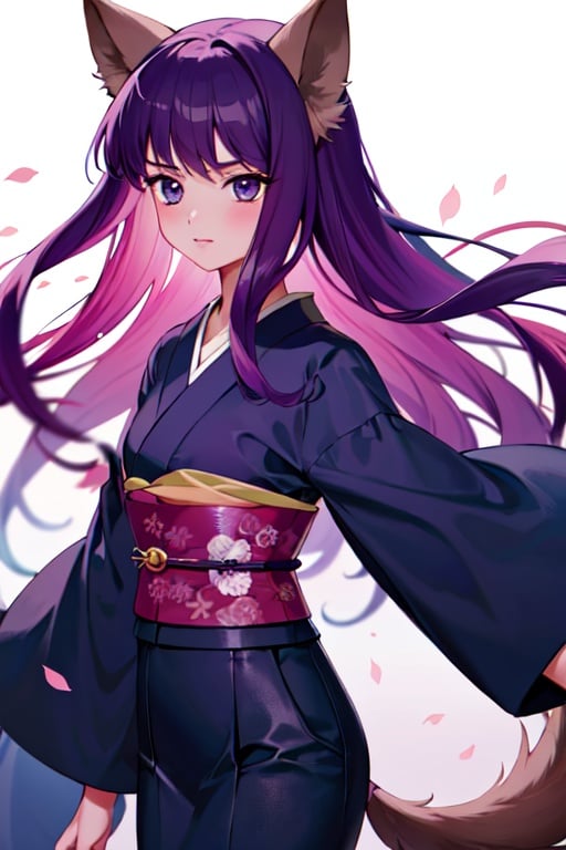 masterpiece, best quality, highres, 1girl, solo, cowboy shot, zakuro, purple eyes eyes, purple hair, long hair, animal ears, kimono, wolf tail