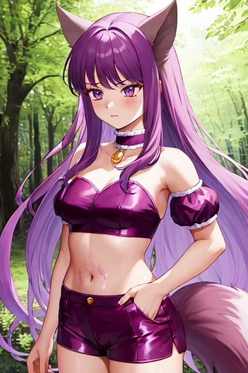 masterpiece, best quality, highres, 1girl, solo, cowboy shot, zakuro, purple eyes, purple hair, long hair, animal ears, puffy detached sleeves, purple shorts, purple tube top, wolf tail, bare shoulders, choker,zakuro,purple hair