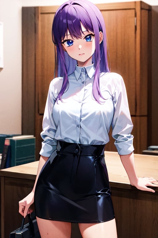 masterpiece, best quality, highres, 1girl, solo, cowboy shot, zakuro, blue eyes eyes, purple hair, long hair, office lady 