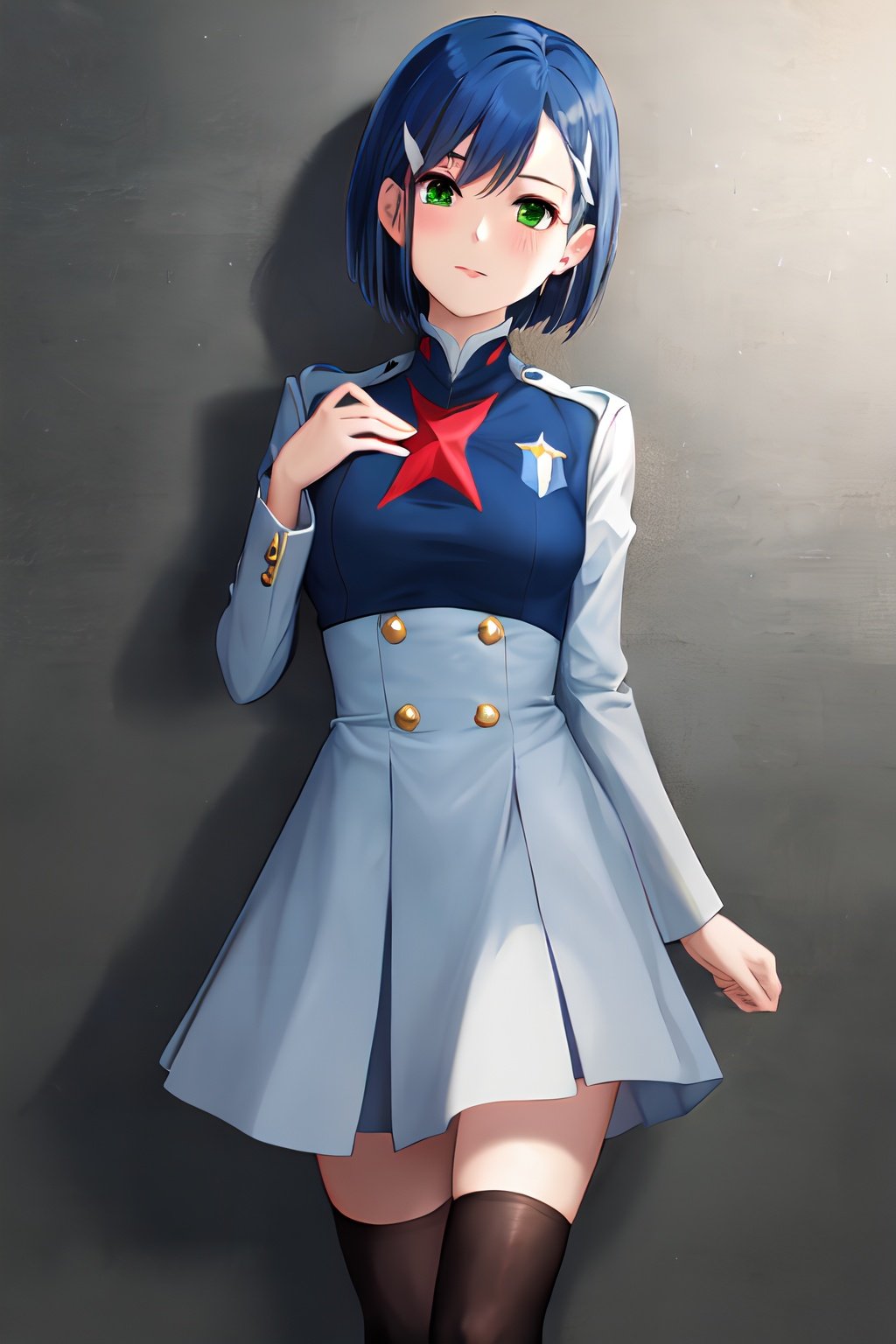 masterpiece, best quality, highres, 1girl, solo, cowboy shot, Ichigo, green eyes, blue hair, short hair, hair clip, military uniform, black socks, dress