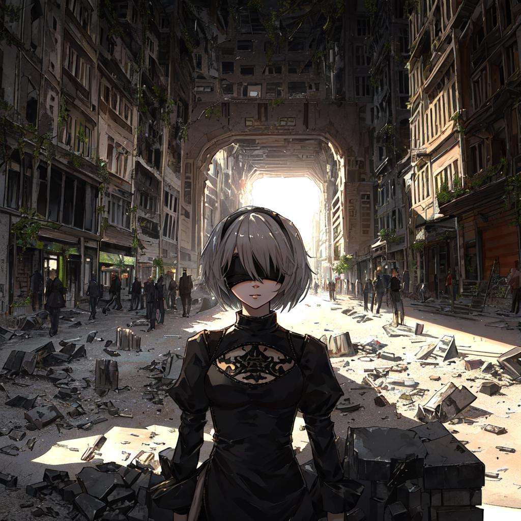 yorha no. 2 type b,solo,1girl,portrait,isometric,first_person_view,cowboy_shot,character_focus,looking_at_viewer,black_blindfold.detailed background, destroyed city, ruins, epic.