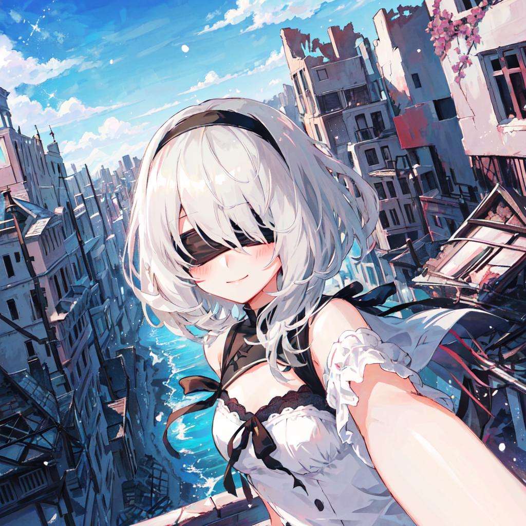 yorha no. 2 type b,solo,1girl,portrait,isometric,first_person_view,cowboy_shot,character_focus,looking_at_viewer,black_blindfold.cute,kawaii, 2D, anime,blush,angelic smile.detailed background, destroyed city, ruins, epic.