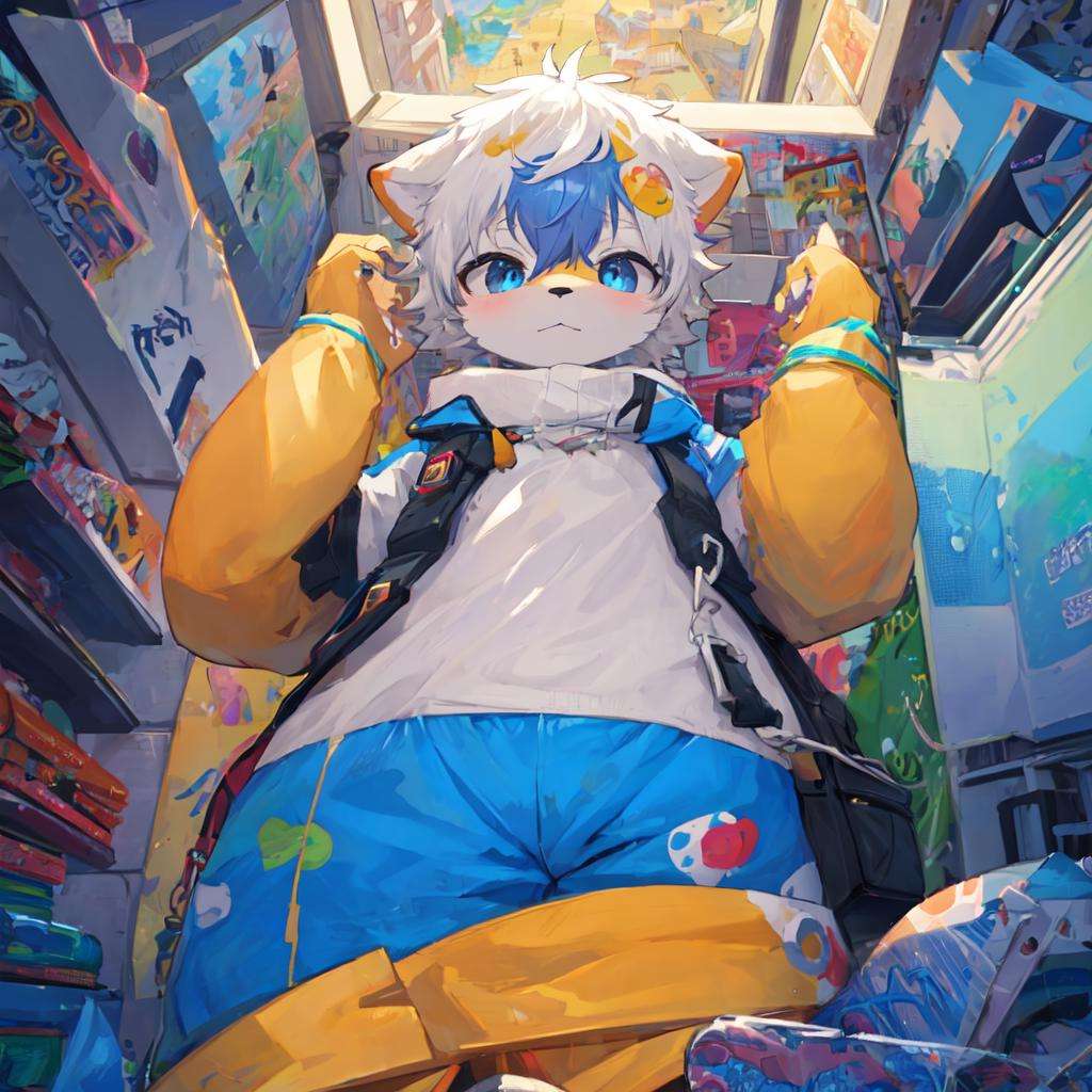 (masterpiece:1.3),(best quality:1.2),anthro,furry,kemono,detailed_fluffy_fur,1boy,bishounen,cub,uploaded_on_e621.pop_art,portrait,isometric,first_person_view,from_below,cowboy_shot,character_focus,solo,looking_down_at_viewer.