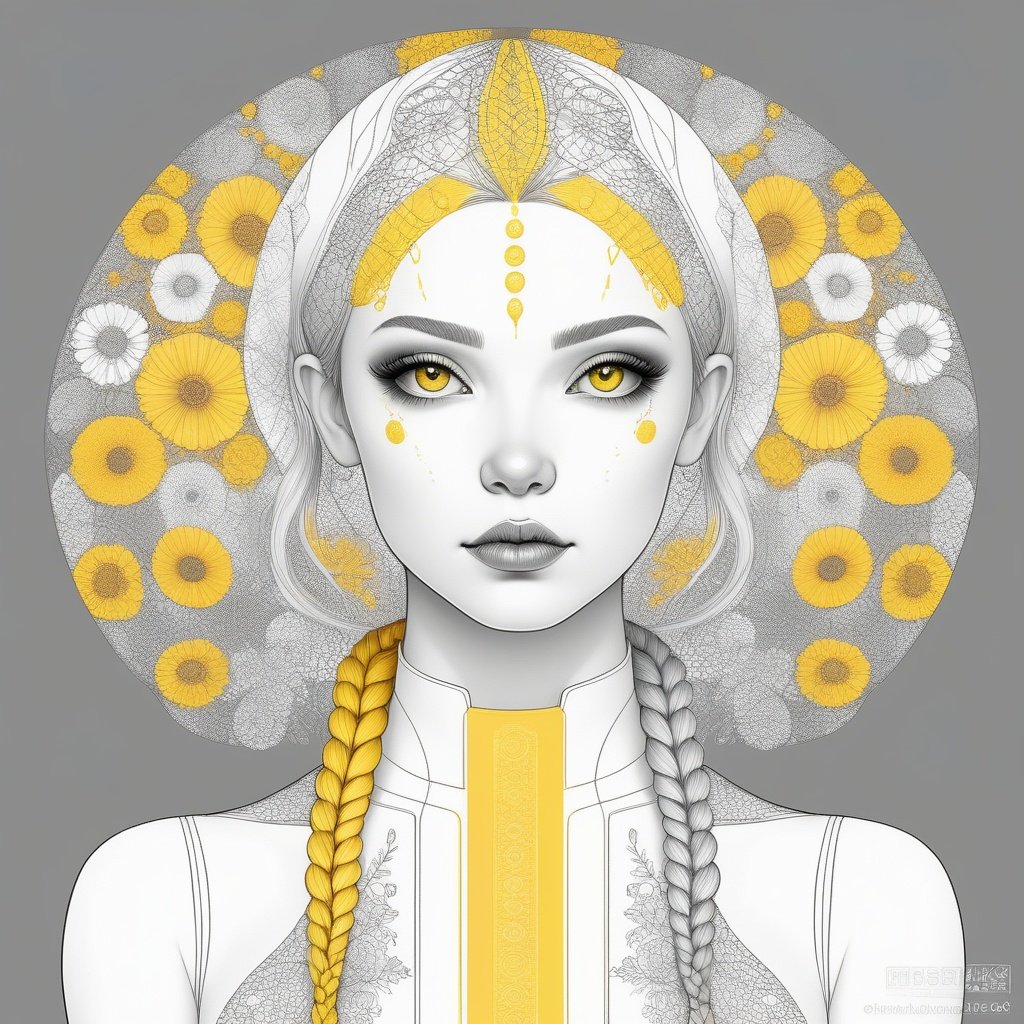 drwnbk drawing, (masterpiece, high quality, best quality) , art by Ivan Marchuk, insane details, Abrasive mandala with Yellow skin, majestic, Honey hair, Rounded Braided bun hairstyle, Summer, Romantic, American Scene Painting, simple, white background, monochrome, perfectly drawn lines, trending on artstation  <lora:drawingbooksdxl2:0.55>