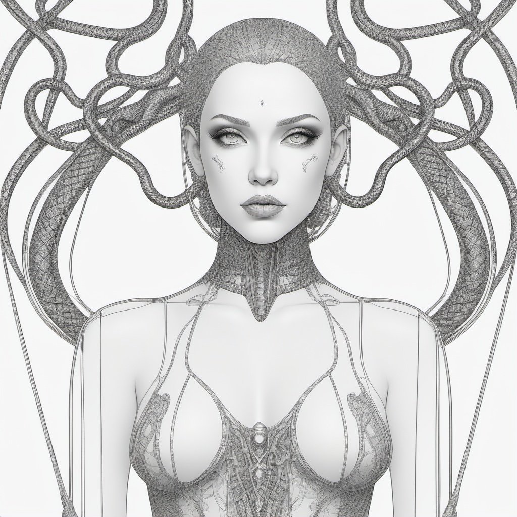 drwnbk drawing, coloring book page,  simple, ((best quality)), ((masterpiece)), ((realistic)), young Medusa, full body, hair is composed of countless ((mandala of snakes)), snake heads, detailed eyes, female face, metal underwear,, clean image, symmetrical, perfect drawn lines,  <lora:drawingbooksdxl2:0.6>