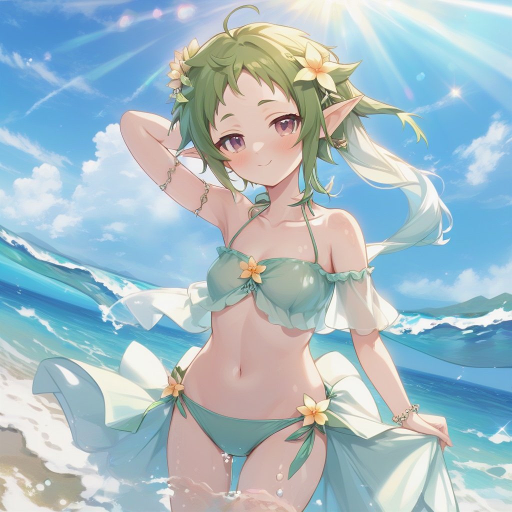 masterpiece, best quality, sylphiettes, 1girl, solo, breasts, blush, hair ornament, dress, navel, holding, bare shoulders, jewelry, standing, collarbone, swimsuit, flower, ahoge, bikini, earrings, small breasts, outdoors, sky, day, hairclip, cloud, hair flower, water, stomach, white dress, bracelet, blue sky, dutch angle, ^ ^, ocean, halterneck, watermark, ass visible through thighs, sandals, sunlight, elf, facing viewer, blue bikini, lens flare, wading, summer, sandals removed