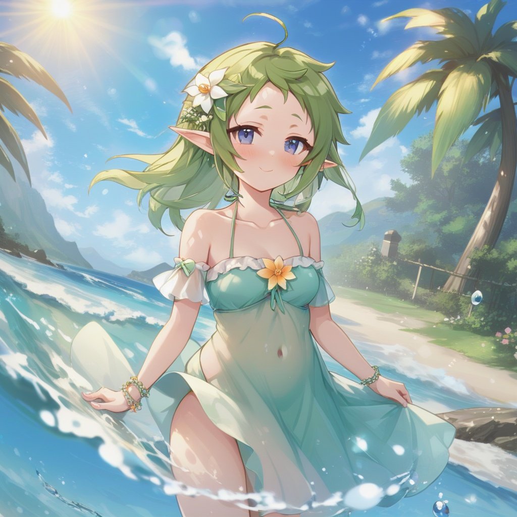 masterpiece, best quality, sylphiettes, 1girl, solo, breasts, blush, hair ornament, dress, navel, holding, bare shoulders, jewelry, standing, collarbone, swimsuit, flower, ahoge, bikini, earrings, small breasts, outdoors, sky, day, hairclip, cloud, hair flower, water, stomach, white dress, bracelet, blue sky, dutch angle, ^ ^, ocean, halterneck, watermark, ass visible through thighs, sandals, sunlight, elf, facing viewer, blue bikini, lens flare, wading, summer, sandals removed