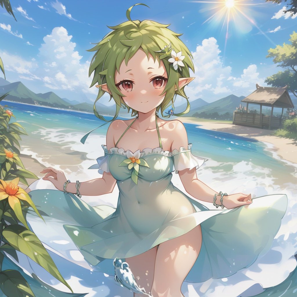 masterpiece, best quality, sylphiettes, 1girl, solo, breasts, blush, hair ornament, dress, navel, holding, bare shoulders, jewelry, standing, collarbone, swimsuit, flower, ahoge, bikini, earrings, small breasts, outdoors, sky, day, hairclip, cloud, hair flower, water, stomach, white dress, bracelet, blue sky, dutch angle, ^ ^, ocean, halterneck, watermark, ass visible through thighs, sandals, sunlight, elf, facing viewer, blue bikini, lens flare, wading, summer, sandals removed