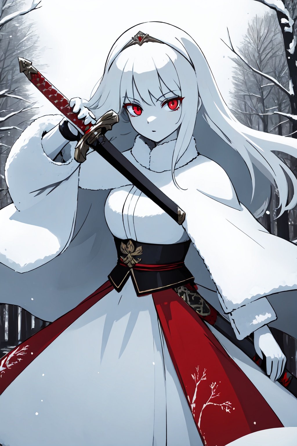 (best quality:1.2), (hyper detailed)ulrika, red eyes, pale skin, snowy russian background, outdoors, holding sword