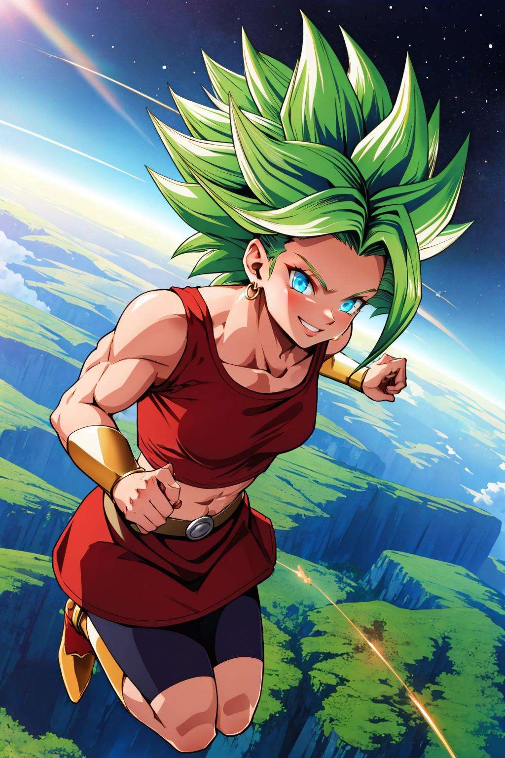 masterpiece, best quality, ssj2kale, green hair, red tank top, bracer, red skirt, shorts under skirt, midriff, looking at viewer, furrowed brow, smile, (flying:1.4), jumping, black sky <lora:kale-nvwls-v1-000011:0.9>